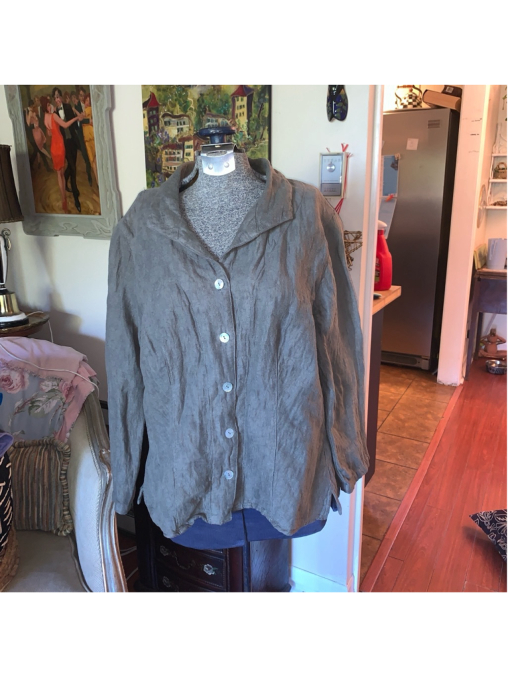 Women's Cut Loose Green Linen Blend Button-Up Shirt Size M